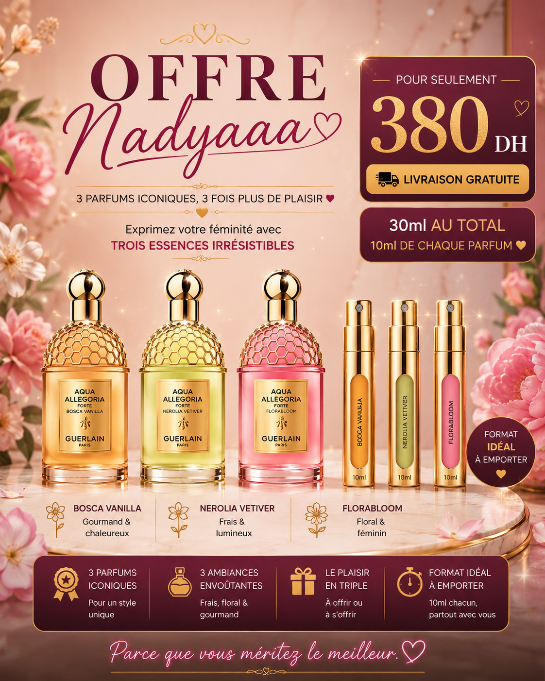 Pack Guerlain 10ml bosca Vanilla Forte + Nerolia Vetiver Forte + Florabloom Forte +Livraison Gratuite